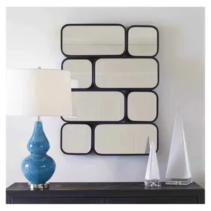 New Arrival Wooden Carved Black Geometric Blocks Design Irregular Wall Mounted Decorative Mirrors
