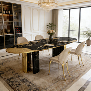 Mesa de Comedor de Lujo de Alta Gama con Tablero de Diseño Patchwork y <span class=keywords><strong>Base</strong></span> con Detalles en Dorado <span class=keywords><strong>para</strong></span> Villas y Hoteles - Product Image 3