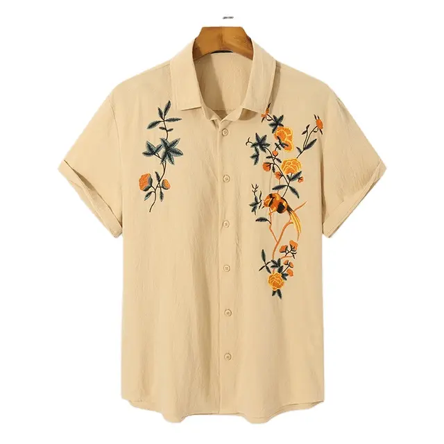 Short Sleeve Cotton/Linen Blend Art Embroider Summer Shirts For Man's Summer Casual