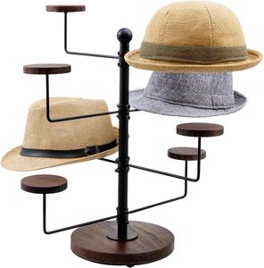 Support de table en métal noir mat industriel avec crochets ronds en <span class=keywords><strong>bois</strong></span> massif brûlé rustique, présentoir de table - Product Image 1