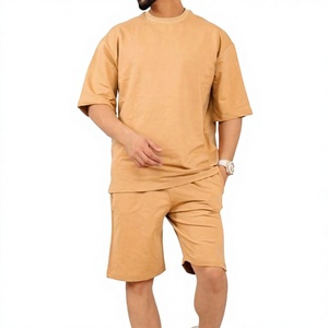 Ensemble t-shirt et short vert pour homme, col rond, couleur unie, tenue décontractée d'été, vêtements en coton tricoté, ensemble d'été pour homme - Product Image 4