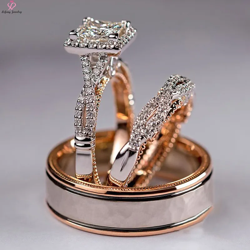Lefeng Custom Wholesale Diamond Engagement Rose Gold Plated Cubic Zirconia 3 Piece Wedding Couple Ring Set