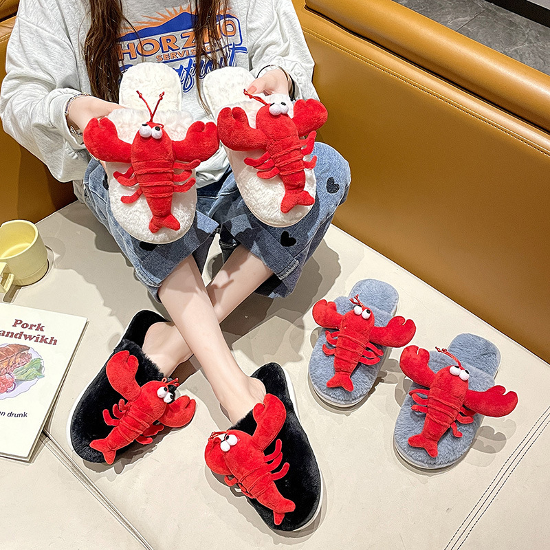 Cartoon Crayfish Hairy Slippers Women Girls Winter Warm Cotton Slippers Shoes
