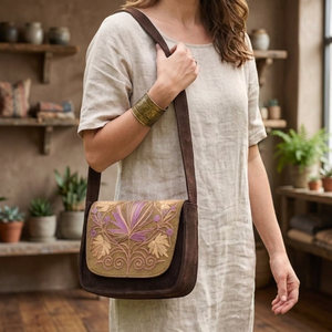Bolso bandolera con bordado Crewel de Cachemira – Diseño floral botánico en gamuza marrón, lavanda y dorado - Product Image 4