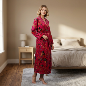 Robe longue en velours à imprimé floral et arbres pour femme, col en V, manches longues, ceinture enveloppante, écologique, printemps, été, hiver, kimono - Product Image 4