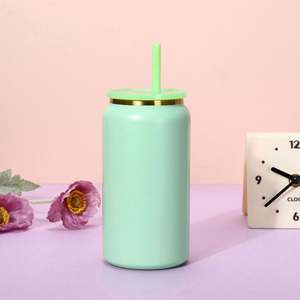 Nouvelle Gourde Isotherme en Acier Inoxydable de 16 oz à Double Paroi, Revêtement Poudré, avec Couvercle et Paille Colorée pour Boissons - Product Image 2