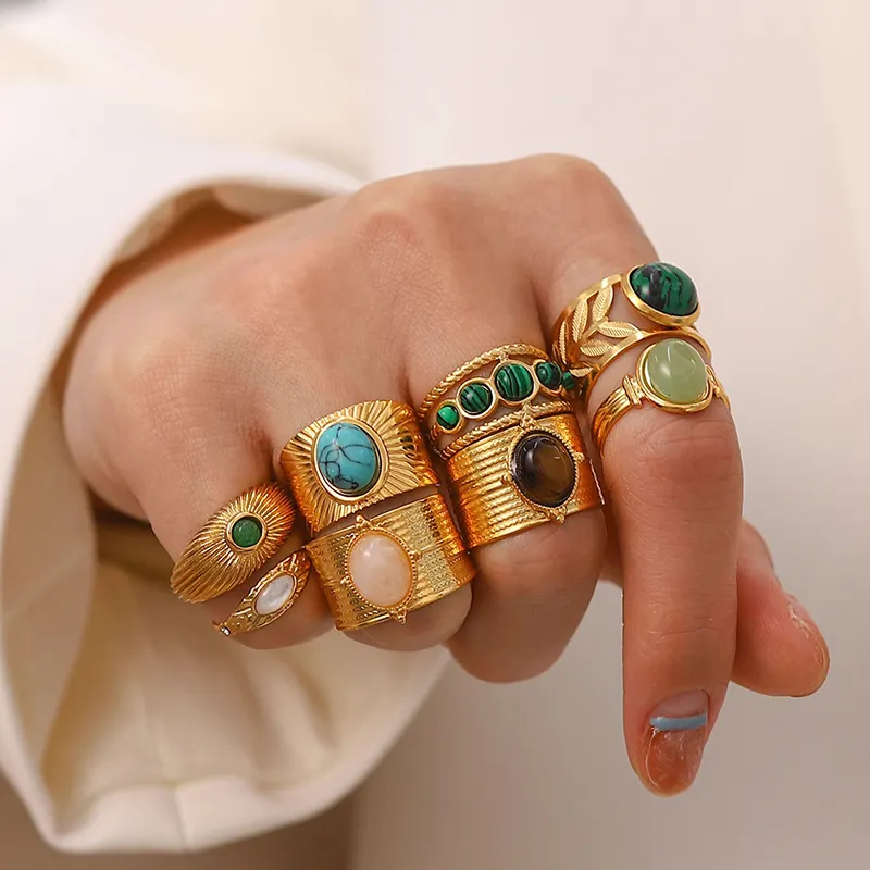 French Vintage Luxury Peacock Stone Ring 18k Gold Plated Stainless Steel Waterproof Women's Ring