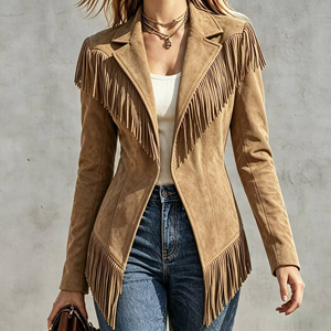 Retro 2026 Fall Faux <strong>Suede</strong> <strong>Fringe</strong> Blazer <strong>Jacket</strong> for Women Tassel Hem Open Front Fitted Western <strong>Jacket</strong> - Product Image 2