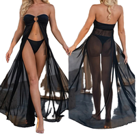 2025 Nieuwe Zwarte Bandeau Bikini Set Met Doorschijnende Mesh Overlay Sexy High-Cut Badpak Vrouwen Tweedelige