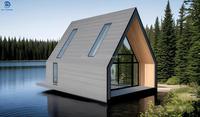 Cabane préfabriquée moderne et angulaire avec verrière du sol au plafond pour une vie en bord de mer