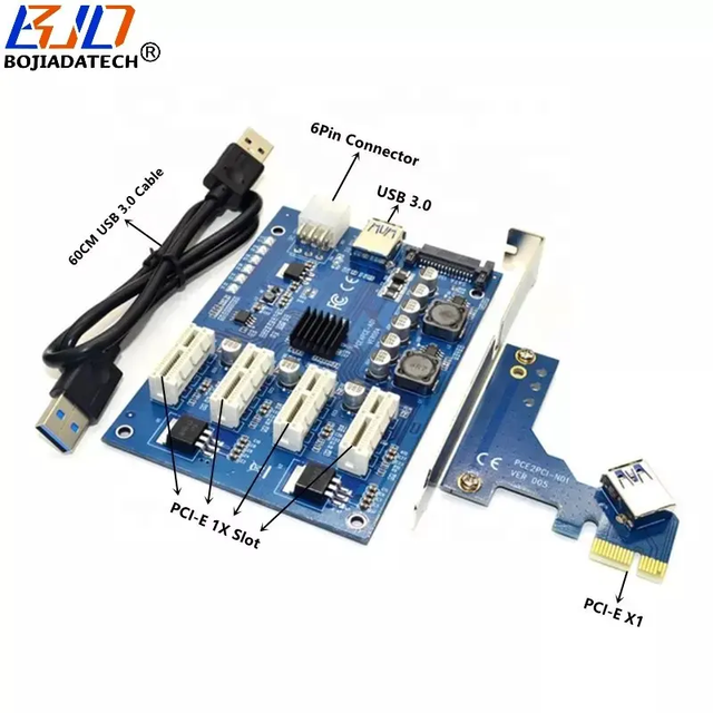 4 * PCIe 1X Slot to PCI-E X1 Expansion Converter Card SATA 15PIN & 6PIN Power 60CM USB 3.0 Cable for Graphics Video Card GPU