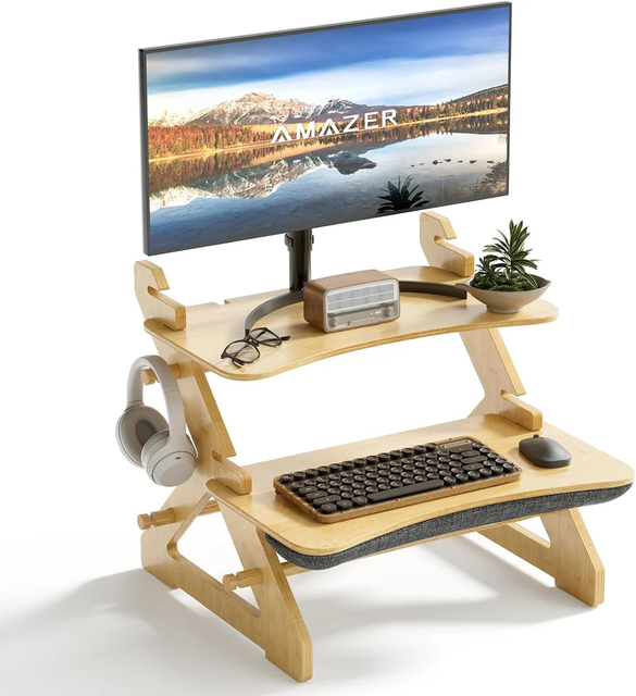 Eco-Friendly Bamboo Standing Desk Converter, Ergonomic Sit Stand Riser for Home Office, Monitor Laptop Stand with Keyboard Tray