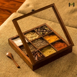 India Kitchen Wooden Spice Box Gift Container with 12 Containers & Spoon Masala Dabba