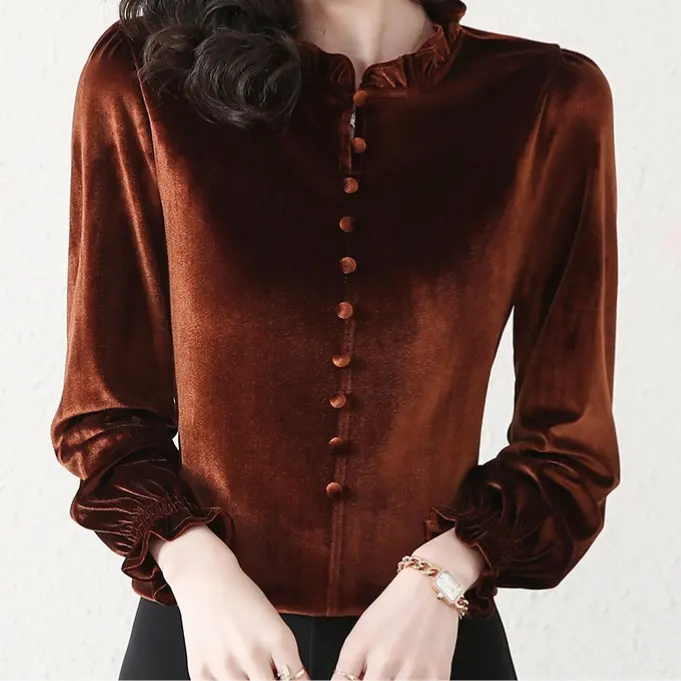 Осень и зима новый французский стиль модные блузки и топы с длинным рукавом Элегантная Женская бархатная рубашка