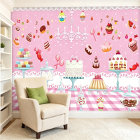 Papier peint mural personnalisé pour pâtisserie et dessert, motif fond rose, petits gâteaux, effet béton