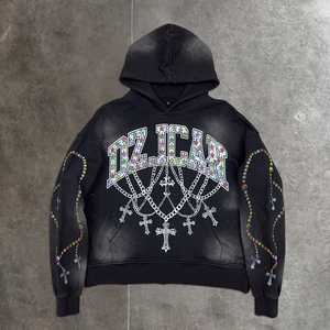 Mode pull imprimé goutte épaule à capuche haute qualité 500gsm strass à capuche lavé français Terry surdimensionné sweats à capuche unisexe - Product Image 1