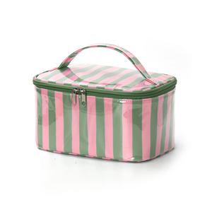 Striped Eco-Friendly Polyester Large Cosmetic <b>Case</b> Medium Size Water Resistant Zipper Closure Soft Handle Portable <b>Makeup</b> - Product Image 1