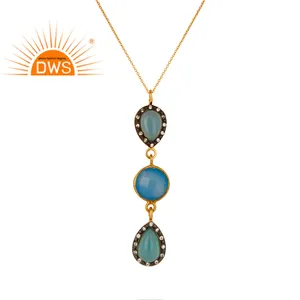 Blue Chalcedony Gemstone Necklace Indian Fashion 925 Sterling Silver Gold Plated Designer Necklace Jewelry Wholesale