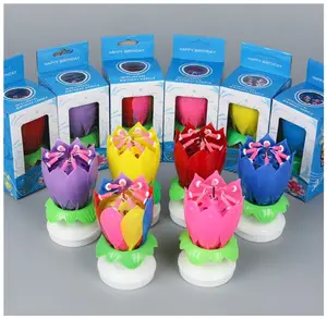 Velas de cumpleaños de plástico con nivel giratorio y cuenta atrás personalizada, vela de música con flor llamativa de fuegos artificiales, novedad