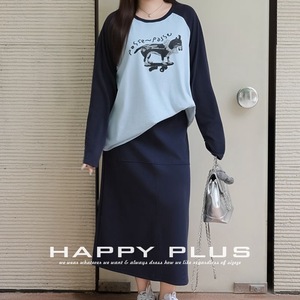 Conjunto informal de talla grande para mujer Happy Plus, camiseta de manga larga de punto con estampado, pantalones y falda azul marino N9276 - Product Image 4