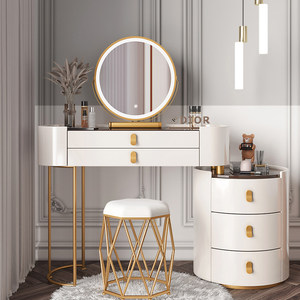 Coiffeuse de luxe moderne pour chambre à coucher avec miroir éclairé sur pied, plateau en bois blanc et rangement inférieur en verre - Product Image 1