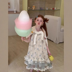 Elegante Vestido de Playa Azul para Niñas, Atuendo de Vacaciones con Encaje y Estampado de Olas, Ropa de Viaje para Niñas - Product Image 2