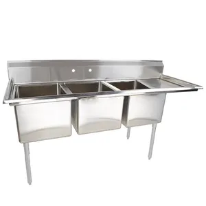 304 Stainless Steel Freestanding Commercial Industrial Kitchen Three 3 Compartment Sink With Single Drainboard