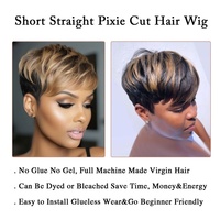 Perruque courte droite de style pixie FH G04711, sans dentelle, fabriquée à la machine, cheveux humains