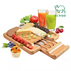 Plateau de service alimentaire carré en bambou pour la maison, la cuisine, les fêtes, les cadeaux, mini planche à fromage avec ensemble de couteaux - Product Image 3
