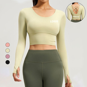 Camiseta Deportiva <span class=keywords><strong>de</strong></span> Yoga <span class=keywords><strong>de</strong></span> Manga Corta para Mujer, Ajustada, Absorbente <span class=keywords><strong>de</strong></span> Sudor, <span class=keywords><strong>con</strong></span> Logotipo Frontal, para Entrenamiento Físico - Product Image 1