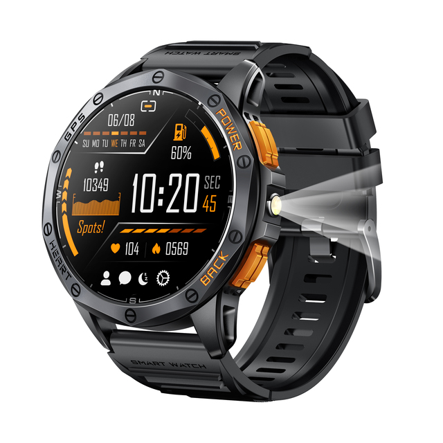 2025 GPS Sports SmartWatch with LED Flashlight 1.43" Amoled Screen IP68 Waterproof Compass Altimeter Men Outdoor Smart Watch K67