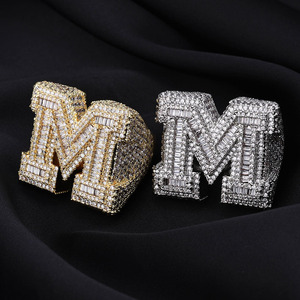 Custom Fashion Shiny Copper 18K Gold Plated <b>Initial</b> M Letter Micro Pave Baguette Zircon Hip Hop <b>Ring</b> - Product Image 4