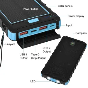 10000mAh năng lượng mặt trời ngân hàng điện với pin bên ngoài gói đèn pin kép la bàn panel năng lượng mặt trời được trang bị ngân hàng điện