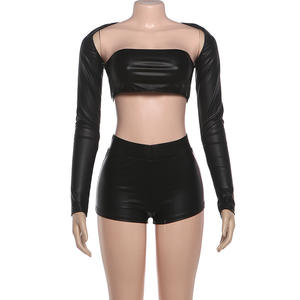 Viviblook Z302ST01 Ensemble décontracté pour femmes Nouveau gilet à manches longues pour femmes Couleur unie Sexy sans bretelles Short ajusté Ensemble 3 pièces - Product Image 2