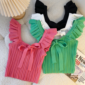 Haut bandeau <span class=keywords><strong>tricot</strong></span>é à manches courtes pour <span class=keywords><strong>femme</strong></span>, vêtement d'extérieur sans manches style bonbon avec détail nœud, chemisier à manches courtes - Product Image 3