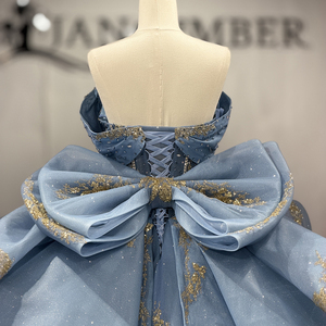 Dy20304 Dusty Blue Sweetheart <b>Corset</b> Bodice Ball Gown <b>Prom</b> <b>Dress</b> Heavy Gold Sequin Applique Layered Bow Train Jancember - Product Image 2