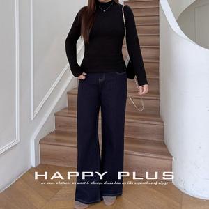 Jean large taille haute pour femme Runqi, en coton molletonné, bleu foncé, extensible, N9072 - Product Image 3