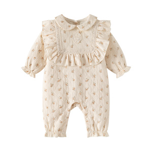 Tutina autunnale a doppio strato per bambina, tutina a maniche lunghe con stampa floreale, colletto Peter Pan, tutina intera per <span class=keywords><strong>neonato</strong></span> - Product Image 1