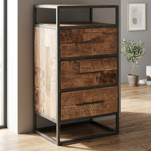 Armoire de salon moderne en bois d'aspect industriel avec miroir, 4 portes, 3 tiroirs, style antique classique, fabrication artisanale, verre transparent - Product Image 2