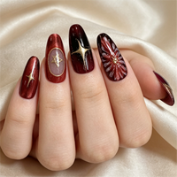Uñas Postizas de Almendra con Efecto Ojo de Gato Borgoña, Estrella Dorada y Brillo Negro, Uñas Falsas Brillantes al por Mayor, Etiqueta Privada Personalizada