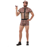 Disfraz de Cosplay para Hombre, Camisa Transparente con Cuello de Capa a Cuadros, Pantalones Cortos a Cuadros con Boina, Conjunto de Lencería para Adultos, Halloween, Carnaval