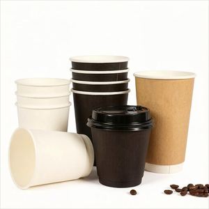 Gobelets en papier kraft à double paroi personnalisés avec logo, écologiques et jetables, avec couvercles, 90 mm, 8/10/12/16 oz, pour café, vin, boutique, café - Product Image 1