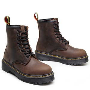 High-top work <b>boots</b> brown short <b>boots</b> men's and women's genuine leather shoes round-toe motorcycle shoes - Product Image 2