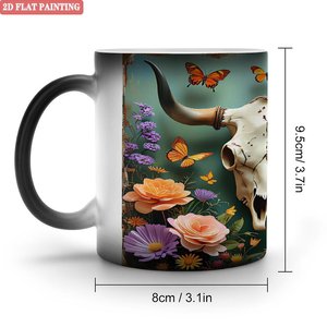 Frosted Black <b>Ceramic</b> <b>Mug</b> 11oz Heat Sensitive Color Changing Tea Cup With Skull And Flowers Design - Product Image 1