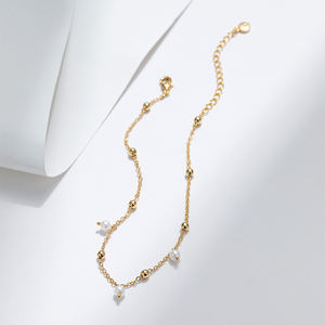 Chaîne de cheville perlée plaquée <span class=keywords><strong>or</strong></span> 18 carats de qualité supérieure avec breloques en perles, bijou de <span class=keywords><strong>pied</strong></span> réglable en cuivre pour <span class=keywords><strong>femme</strong></span> - Product Image 4