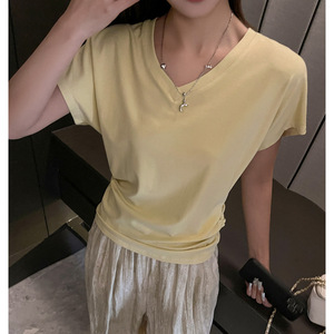 T-shirt basique à col en V pour <span class=keywords><strong>femme</strong></span>, coupe ample, <span class=keywords><strong>manches</strong></span> <span class=keywords><strong>courtes</strong></span> à épaules dégagées, <span class=keywords><strong>manches</strong></span> chauve-souris, style décontracté, haut personnalisé - Product Image 6