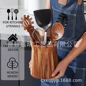 Porta utensilios de cocina de madera de acacia, barril de almacenamiento de madera maciza para herramientas de cocina, decoración estilo granja - Product Image 1