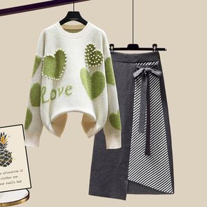 Factory Wholesale Big Size Women's Autumn Suit Sweet Heart Loose <b>Sweater</b> Slim Knitted <b>Skirt</b> Two-piece Set Fashion for Women - Product Image 2
