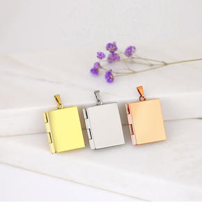 Medallón de marco de fotos Rectangular de acero inoxidable con acabado brillante en forma de <span class=keywords><strong>libro</strong></span> medallón en blanco imagen tallada medallón colgante joyería - Product Image 6