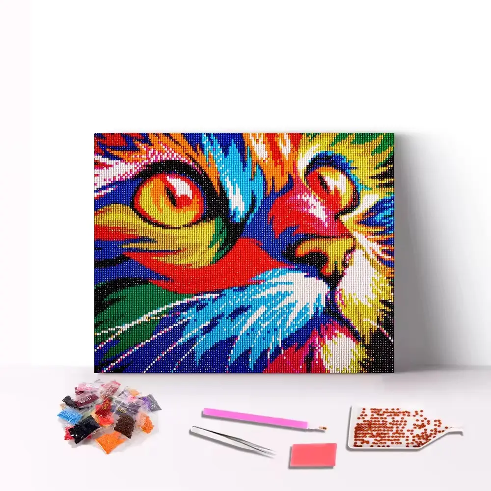 Abstract Cat Diamond Painting Kit Colorful 5D Full round Drill Modern Acrylic Beads Oil on Canvas for Kids Beginners